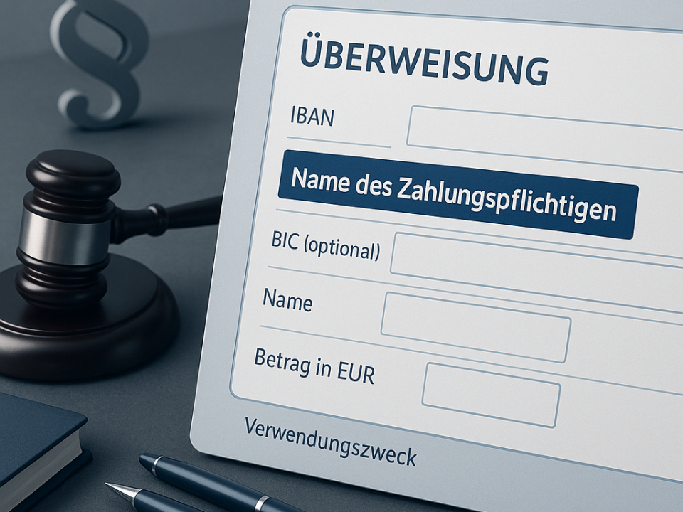 Artikelbild für einen Blogbeitrag: Pflicht zur Namensnennung bei Überweisungen Wichtige Hinweise von RKA Rechtsanwälte
